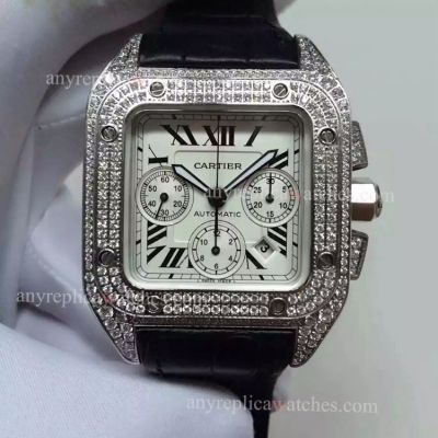 Swiss 2824 Cartier Santos Diamond Watch - SS White Chronograph Dial